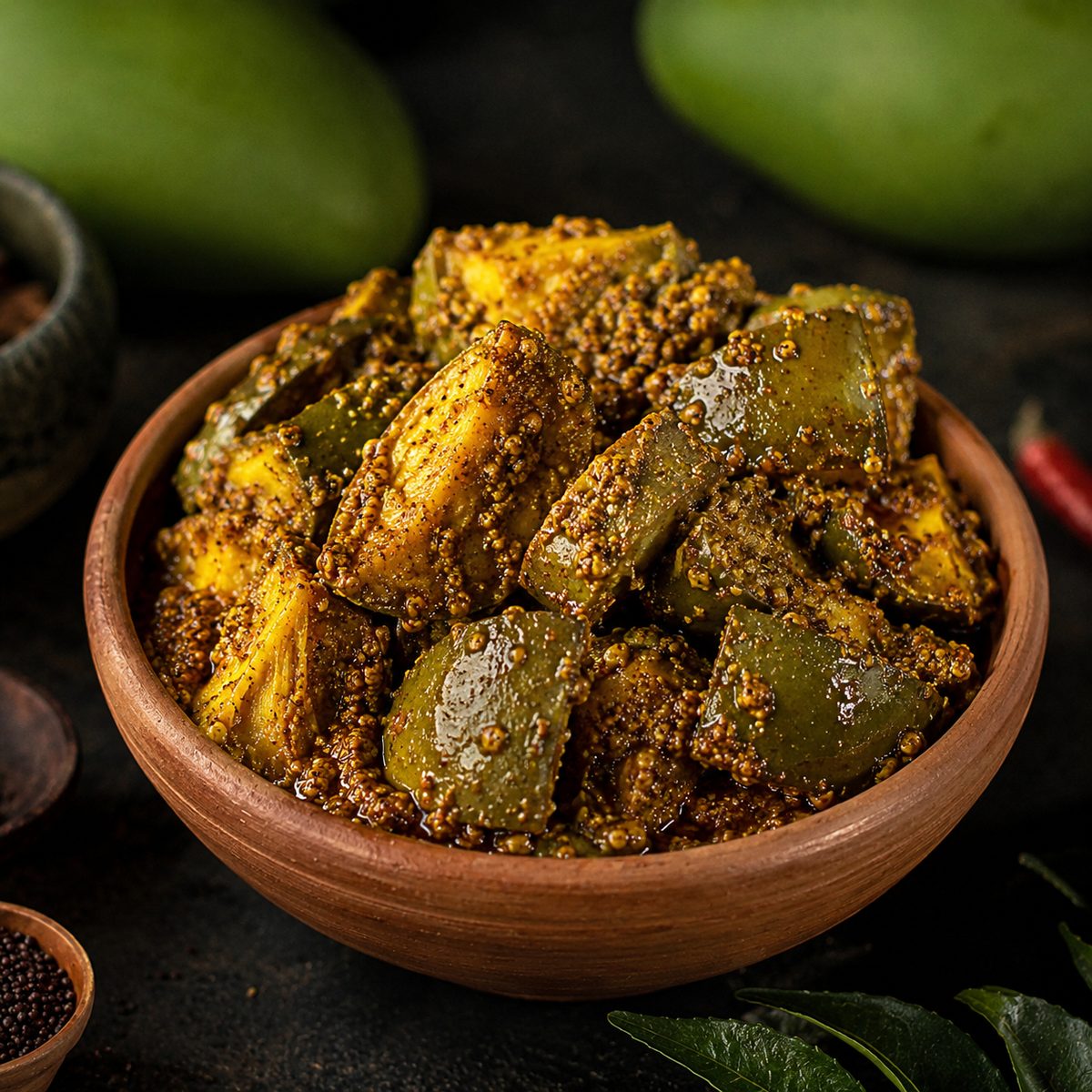 Mango achar pickle in a wooden bowl from the Pickles & Preserves section at Swadesh Supermarket, Saskatoon